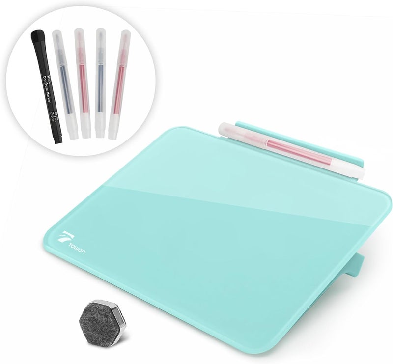 TOWON Aqua Blue Mini Desktop Pure Glass Whiteboard, Small Slope Slick Desk Whiteboard Glass, Desk White Board, Desktop White Board Dry Erase, Stenography Artifact for Office Home Schooling Décor, 8x6 Inches - Image 1